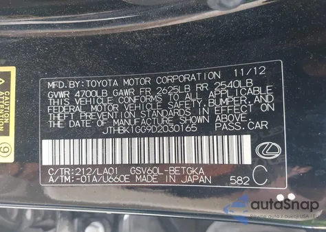 2013 Lexus Es 350 из США, поврежденный, VIN JTHBK1GG9D2030165